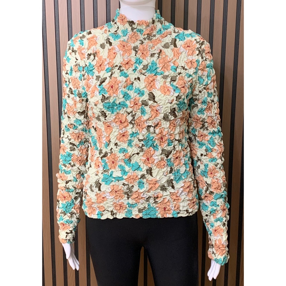 Dolan Left Coast Collection Floral Popcorn Mock Neck Top Teal Pink Medium